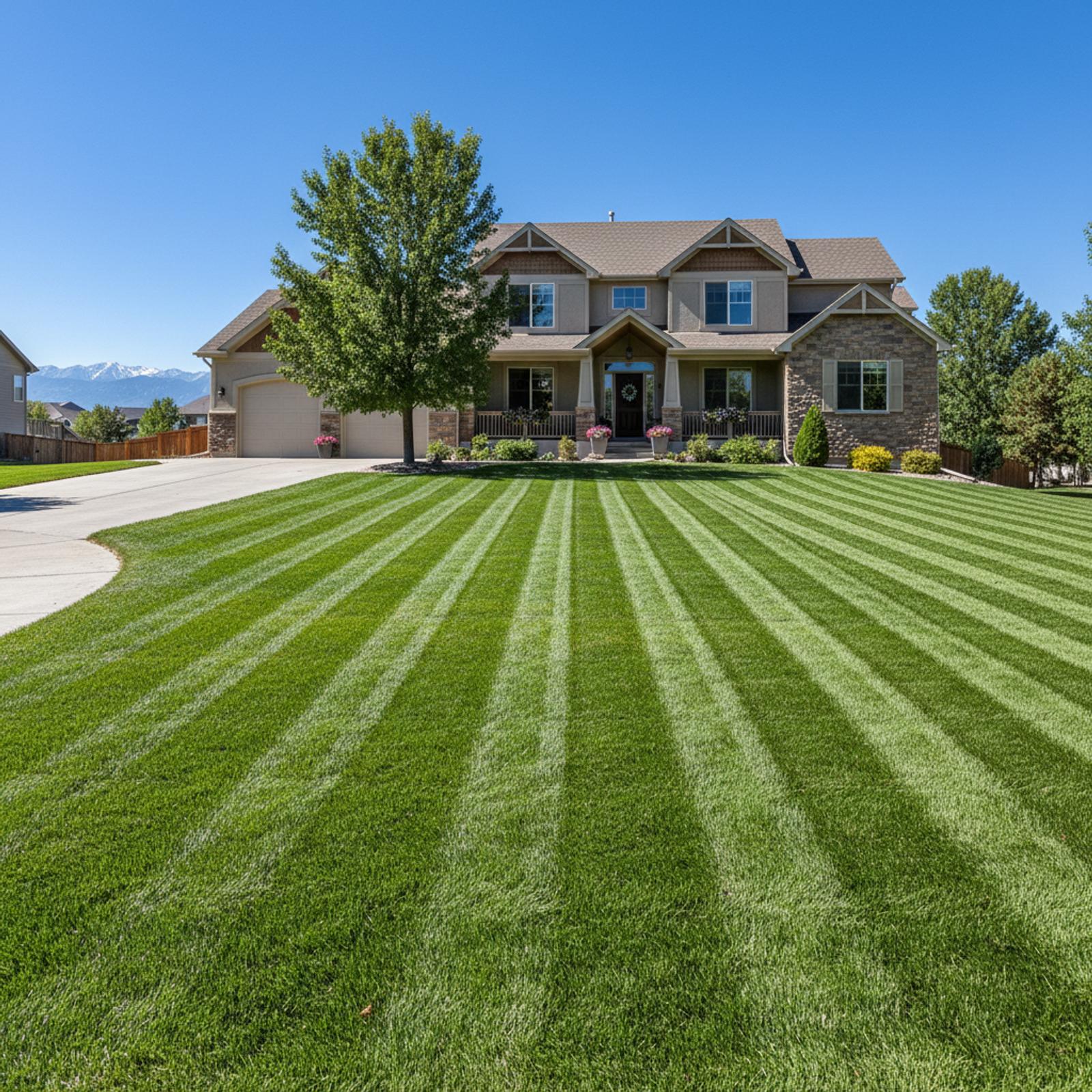 Freshly mowed and edged lawn in a Highlands Ranch neighborhood
