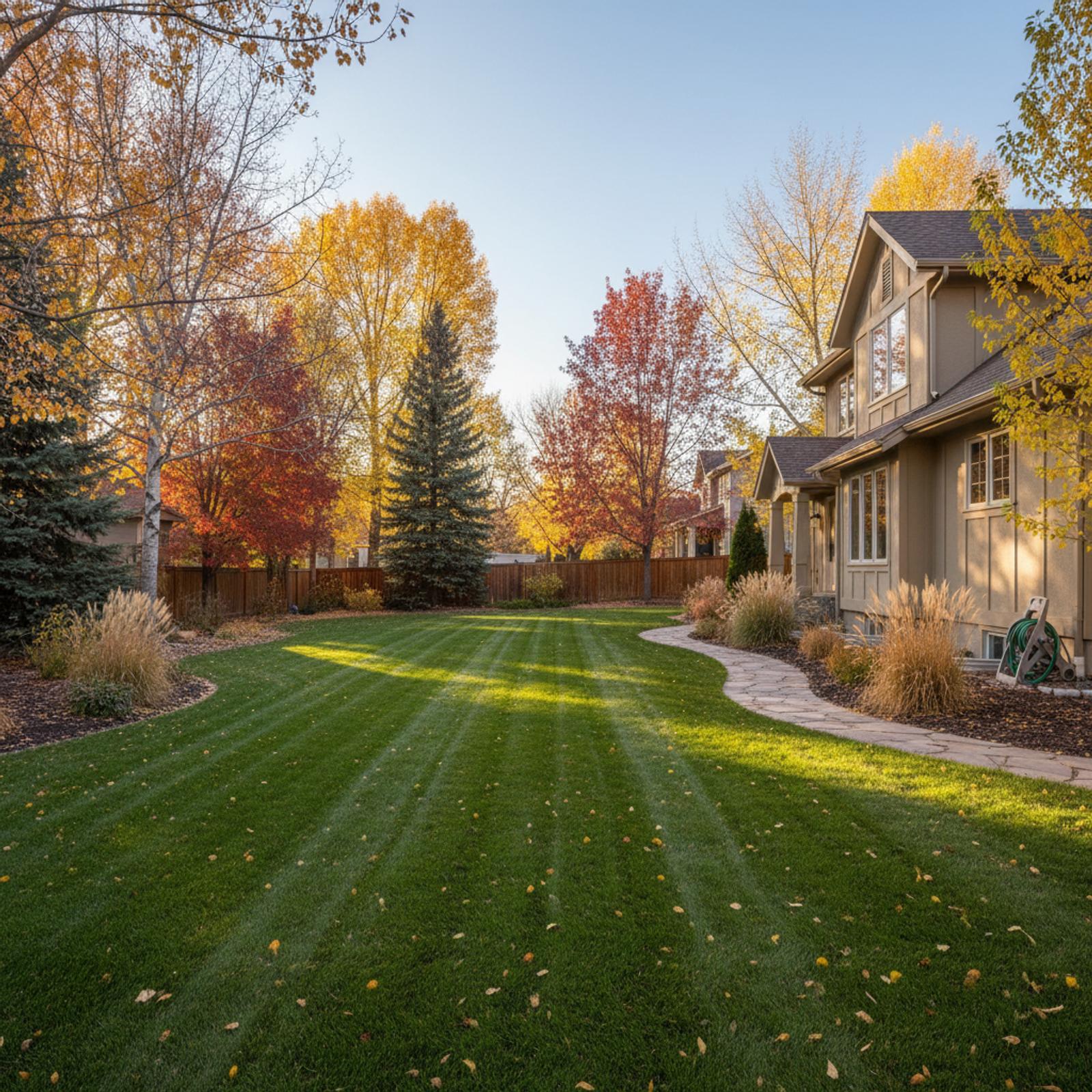 Fall leaf cleanup in a suburban yard